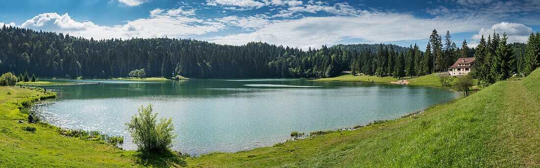 France,Ain,Oyonnax,panoramic view on Lake Genin,a natural jewel in the town of Charix in the Jura mountains
