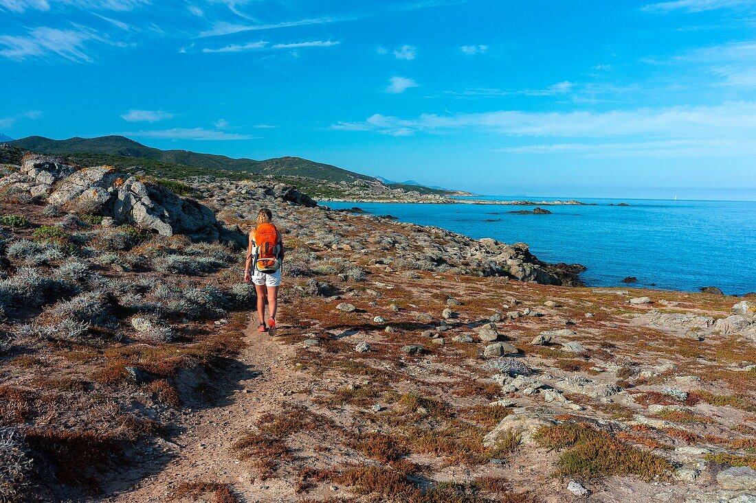 France,Haute Corse,Agriates desert,woman hiking