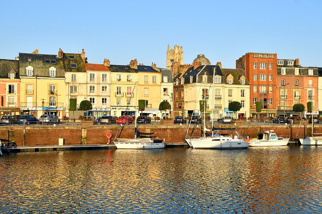 France,Seine Maritime,Pays de Caux,Cote d'Albatre,Dieppe,the harbour and the Quai Henri IV with Saint Jacques church from the 13th century