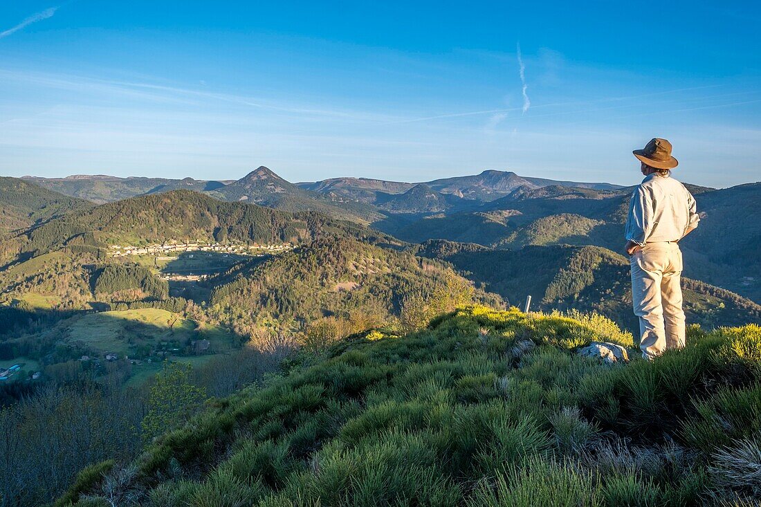 France,Ardeche,Parc Naturel Regional des Monts d'Ardeche (Regional natural reserve of the Mounts of Ardeche),Suc of Sara and Mont Mezenc seen from Col de Joux,Saint Martial village,Vivarais,Sucs area