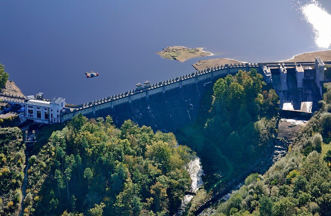 France,Yonne,Dam of the artificial lake of Crescent. Situated in the regional natural reserve of Morvan (aerial view)