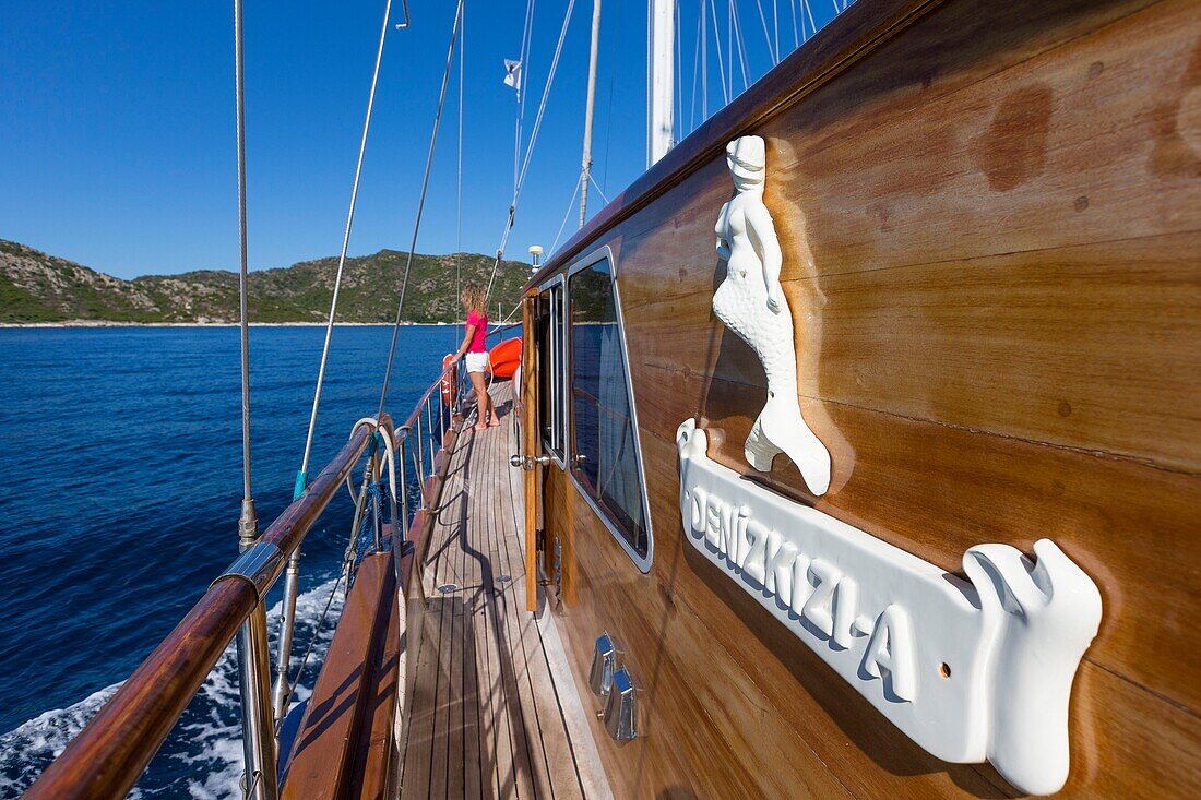 France,Haute Corse,Gulf of Saint Florent,the gulet type wooden boat of Jacques Croce