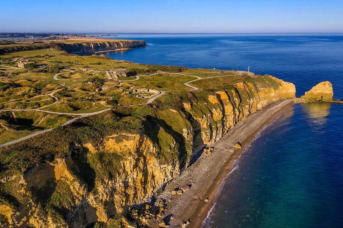 France,Calvados,Cricqueville en Bessin,Pointe du Hoc,ruins of German fortifications and bomb holes made by the Normandy landings of June 6 1944 during the Second World War (aerial view)