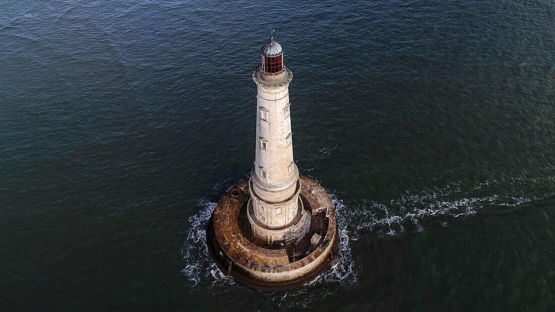 France,Gironde,Verdon sur Mer,rocky plateau of Cordouan,lighthouse of Cordouan,listed as Monument Historique,general view at high tide (aerial view)