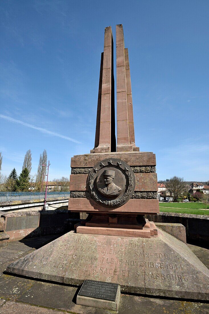France,Meurthe et Moselle,Baccarat,monument in homage to General Leclerc and the 2nd D. B.,Second World War,on the banks of the Meurthe river