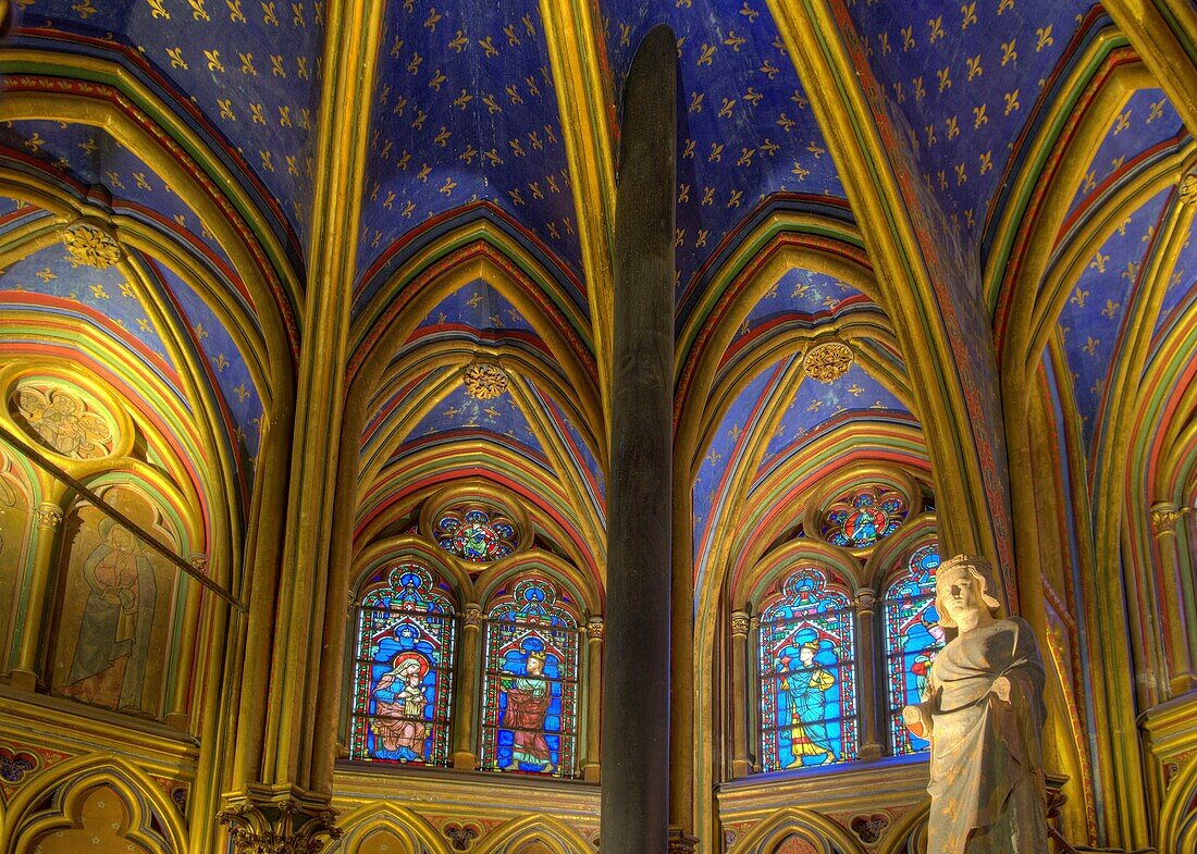 France,Paris,area listed as World Heritage by UNESCO,Ile de la Cite,the Sainte Chapelle (the Holy Chapel),the stained glass windows of the Lower Chapel