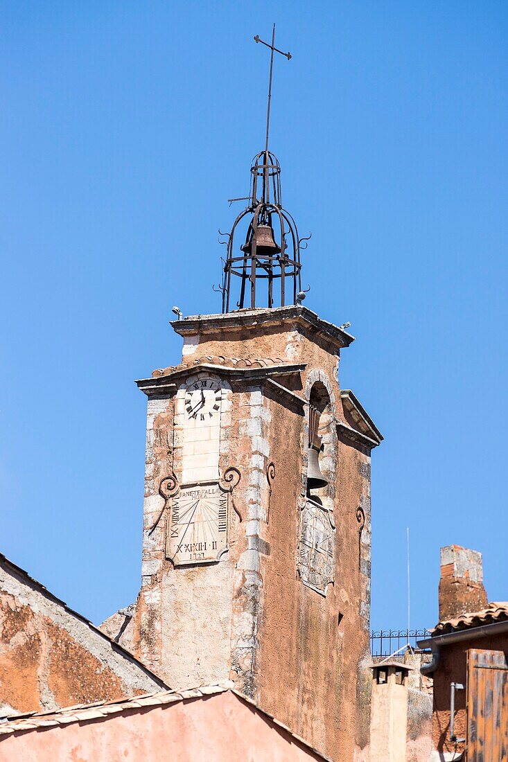 France,Vaucluse,regional natural park of Luberon,Roussillon,labeled the most beautiful villages of France,belfry or clock tower