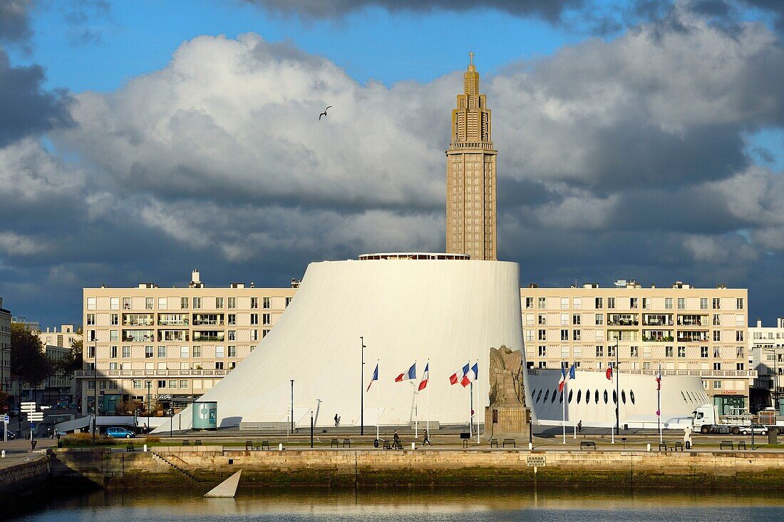France,Seine Maritime,Le Havre,Downtown rebuilt by Auguste Perret listed as World Heritage by UNESCO,Perret buildings around the Bassin du Commerce,the Volcan created by Oscar Niemeyer and the Lantern tower of Saint Joseph church