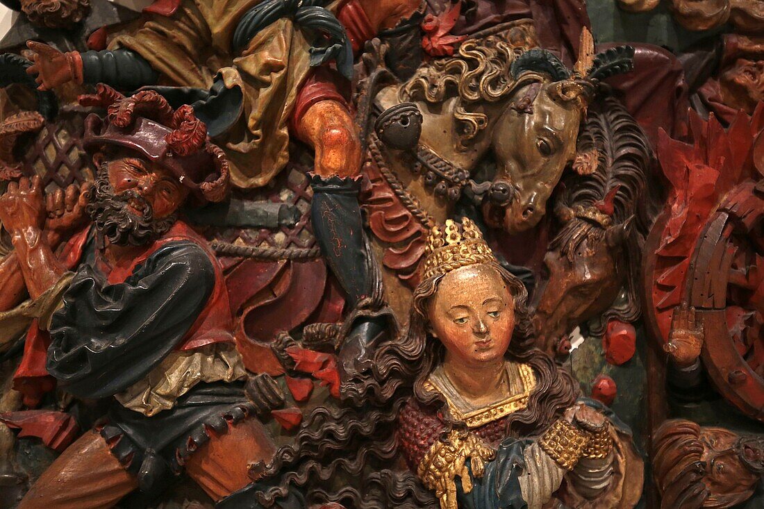 France,Haut Rhin,Colmar,former convent,Unterlinden museum,The Martyrdom of Saint Catherine,fragment of altarpiece (sculpture at the beginning of the 16th century)