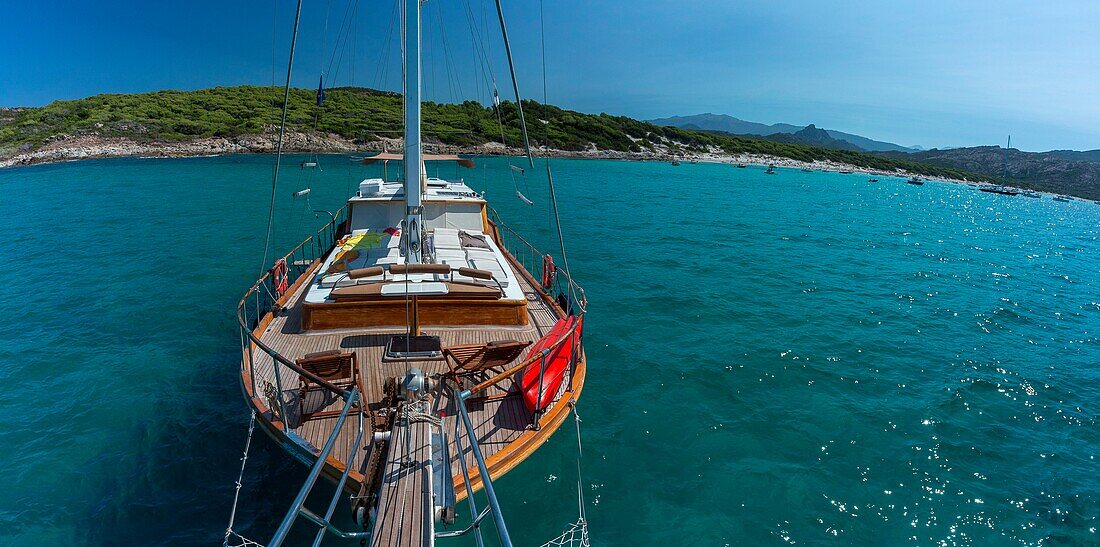 Frankreich,Haute Corse,Golf von Saint Florent,das guletartige Holzboot von Jacques Croce,Aliso Tagestour obligatorische Erwähnung