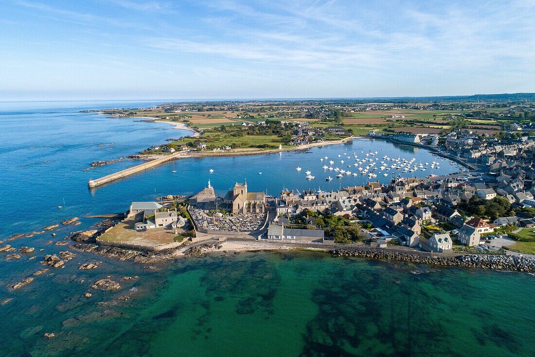 France,Manche,Cotentin,Barfleur,labeled Les Plus Beaux Villages de France (The Most Beautiful Villages of France),Harbour and Saint Nicolas church built from 17th century to 19th century (aerial view)