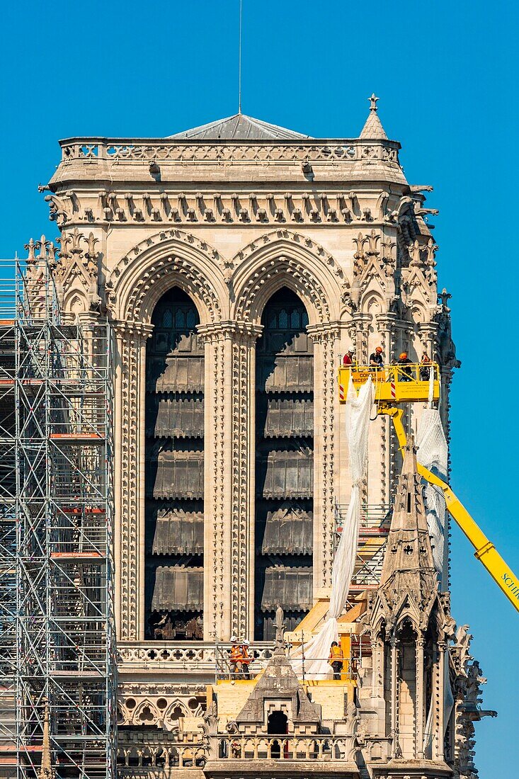France,Paris,area listed as World heritage by UNESCO,Ile de la Cite,Notre Dame Cathedral,scaffolding,protection after the fire