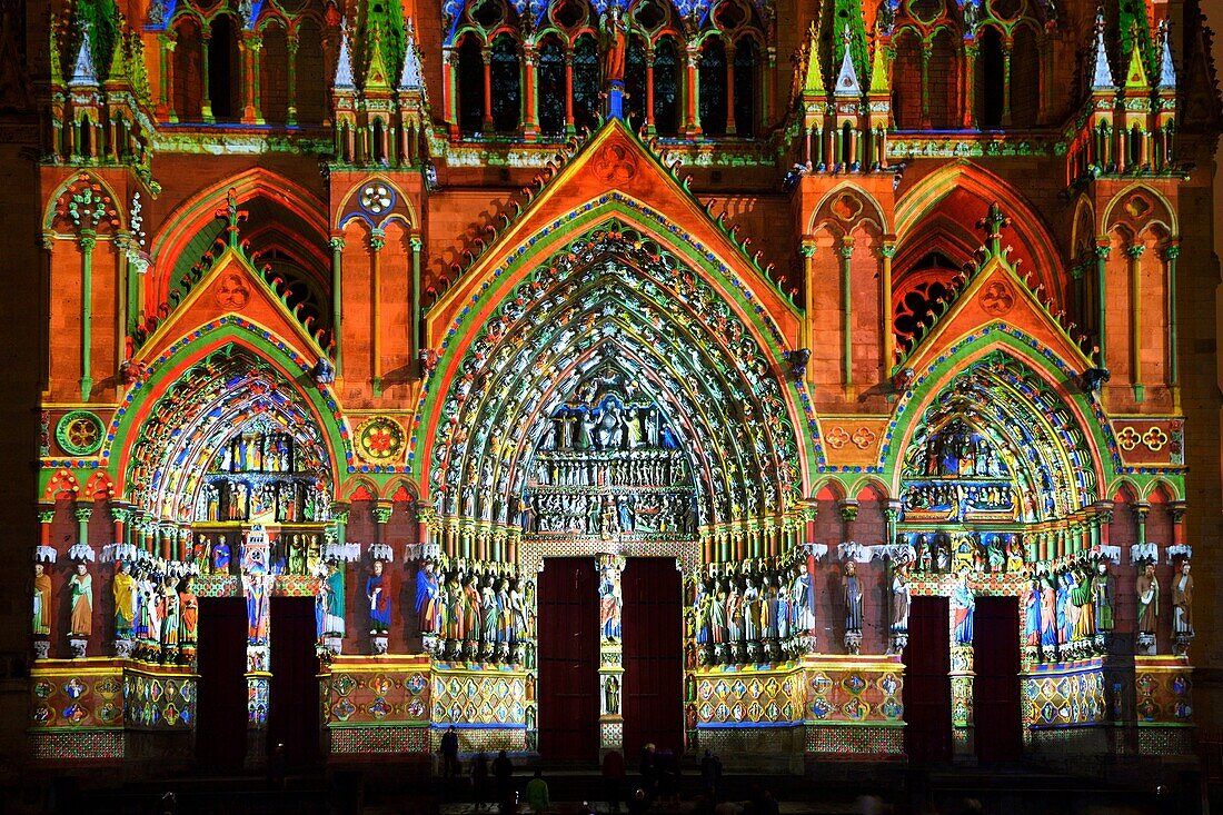 France,Somme,Amiens,Notre-Dame cathedral,jewel of the Gothic art,listed as World Heritage by UNESCO,polychrome sound and light show presenting the original polychromy of the facades