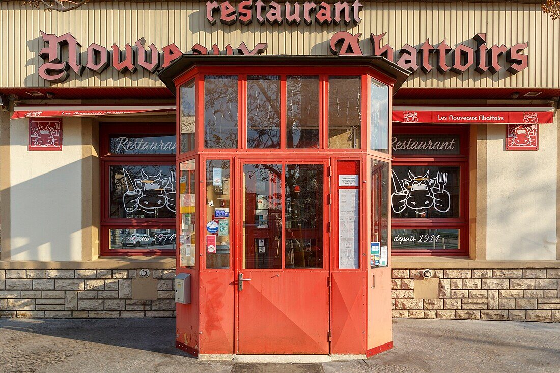 France,Meurthe et Moselle,Nancy,facade of the restaurant Les Nouveaux Abattoirs on Austrasie Boulevard in the new district Rive de Meurthe (Meurthe riverbanks)