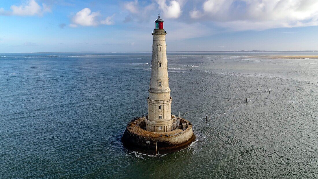 France,Gironde,Verdon sur Mer,rocky plateau of Cordouan,lighthouse of Cordouan,listed as Monument Historique,general view at high tide (aerial view)