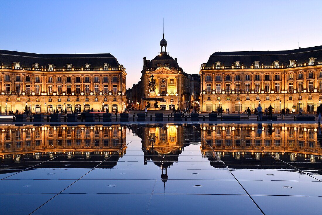France,Gironde,Bordeaux,area listed as World Heritage by UNESCO,Saint Pierre district,Place de la Bourse,the reflecting pool from 2006 and directed by Jean-Max Llorca hydrant