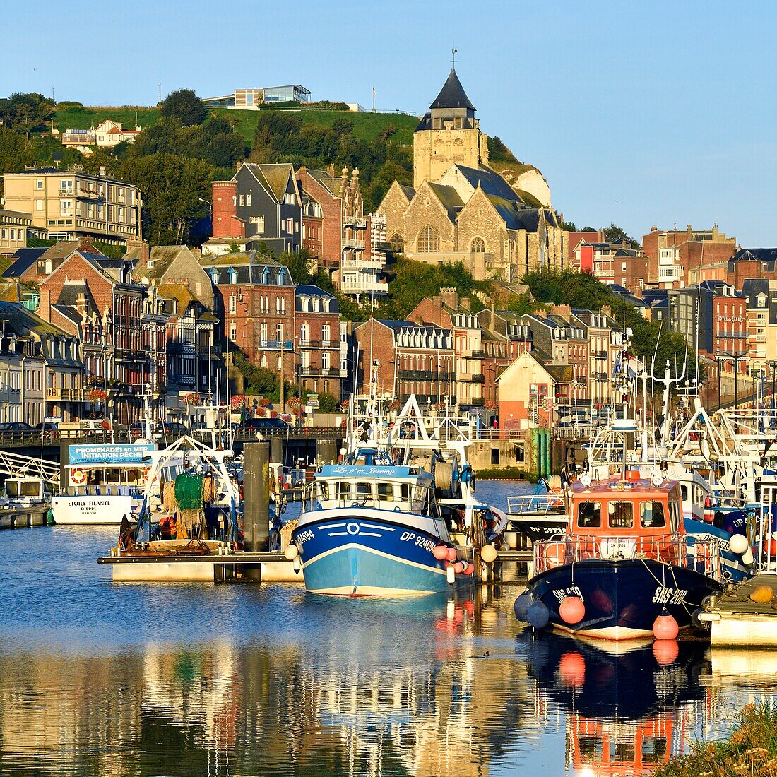 France,Seine Maritime,Le Treport,the fishing harbour and Saint Jacques church