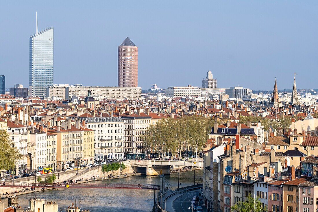 France,Rhone,Lyon,historic district listed as a UNESCO World Heritage site,panorama from Les Pentes de la Croix-Rousse district,Part-Dieu tower (or the pencil) and Incity tower (or eraser) in the background