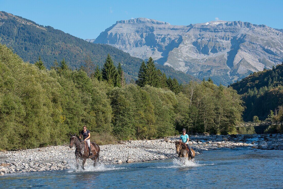 France,Haute Savoie,Mieussy,horse riding along the Giffre and Mount Buet (3098m)