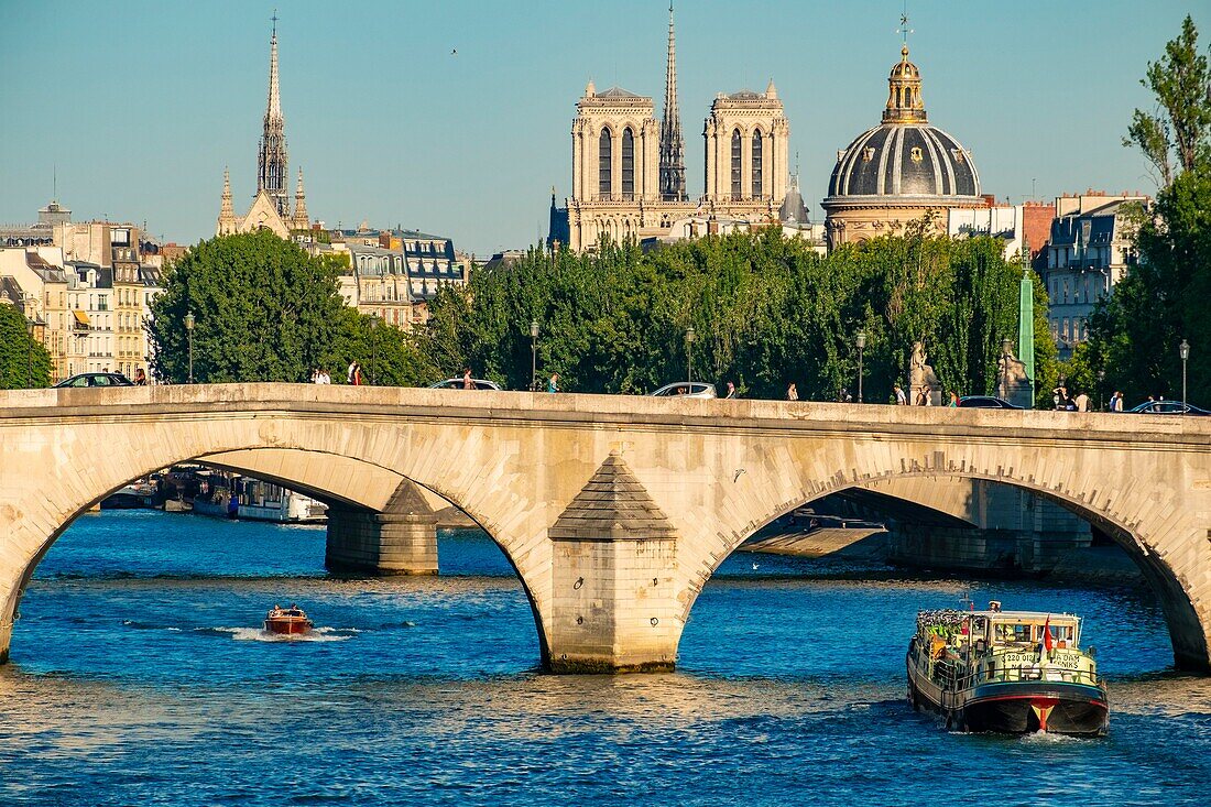 France,Paris,area listed as World Heritage by UNESCO,a riverboat in front of the Carrousel Bridge,and Notre Dame Cathedral