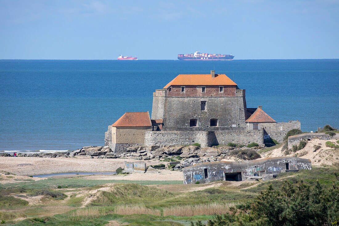 France,Pas de Calais,Ambleteuse,Fort Mahon,fort designed by Vauban,container ship off in the strait