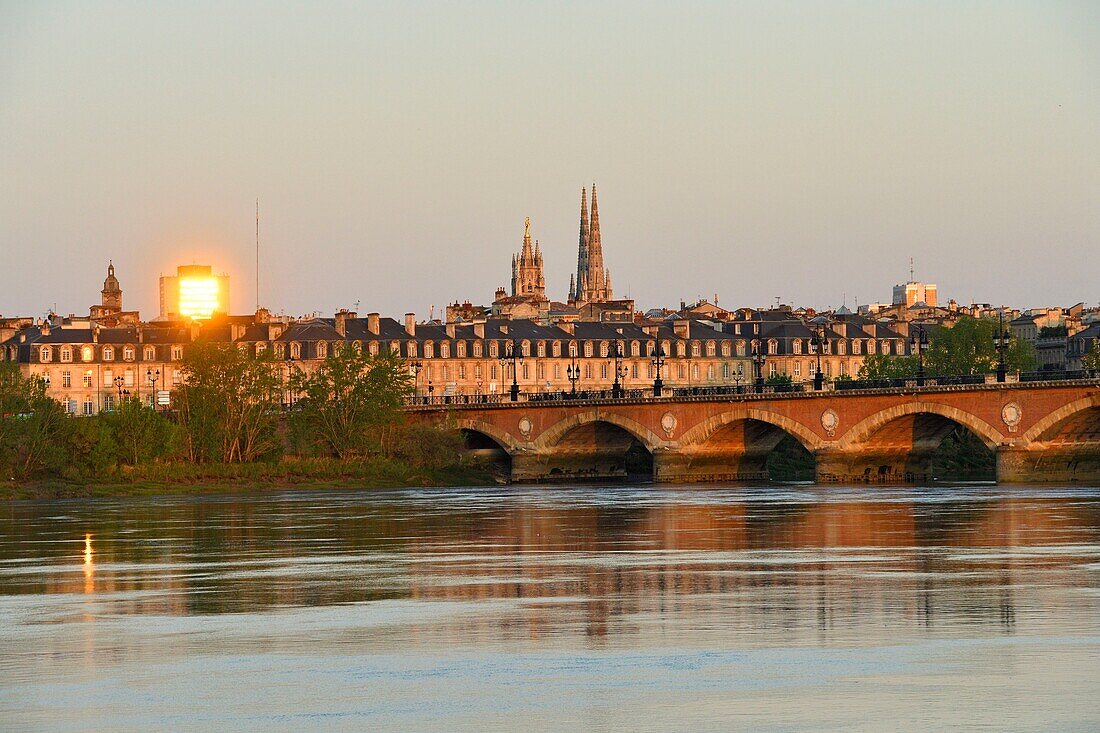 France,Gironde,Bordeaux,area listed as World Heritage by UNESCO,Pont de Pierre on the Garonne River,Pey-Berland tower and Saint Andre cathedral