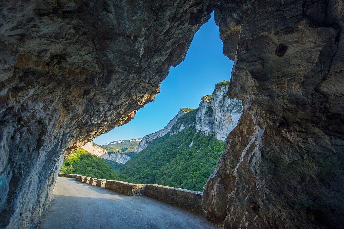 Frankreich,Isere,Massif du Vercors,Regionaler Naturpark,die atemberaubende Straße der Nan-Schluchten bei Sonnenuntergang