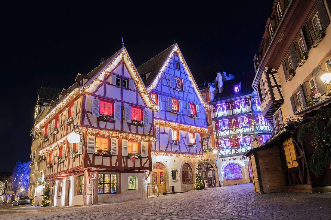 France,Haut Rhin,Alsace Wine Route,Colmar,Christmas lights on rue des Marchands
