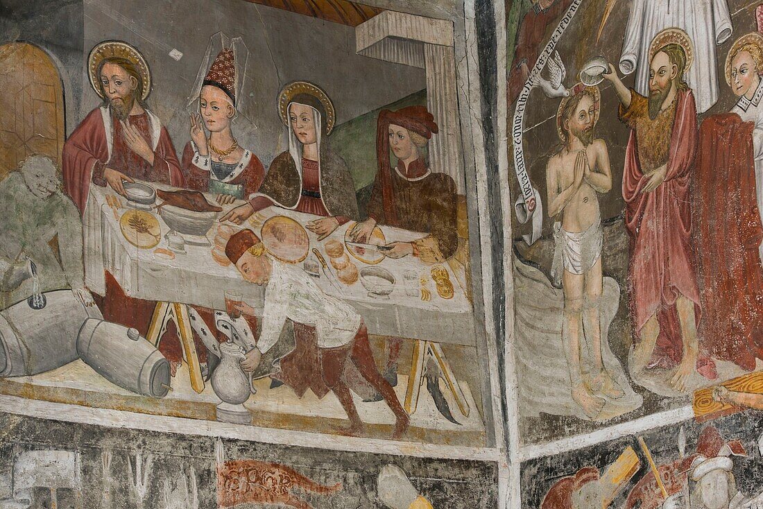 France,Savoie,Haute Maurienne,Bessans,interior frescoes of the chapel Saint Anthony of the 15th century,wedding of Cana and baptism of Christ