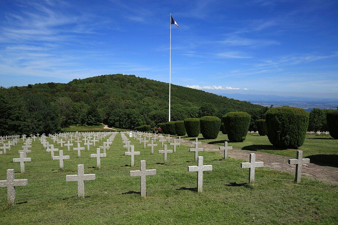 France,Haut Rhin,Hautes Vosges,Hartmannswillerkopf or Vieil Armand,National Necropolis of the First World War,cemetery of French soldiers,renamed Vieil Armand after the First World War,is a pyramidal rocky outcrop,in the Vosges,overlooking 956 meters the plain of Alsace Haut Rhin