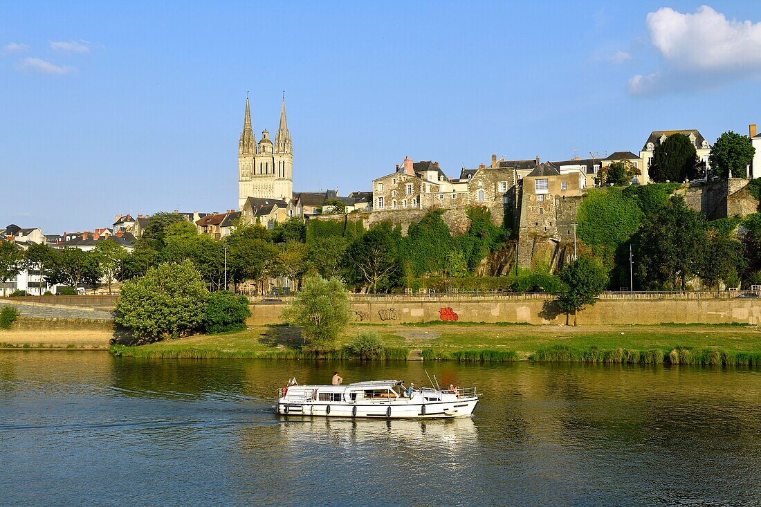 France,Maine et Loire,Angers,Maine river banks and Saint Maurice cathedral