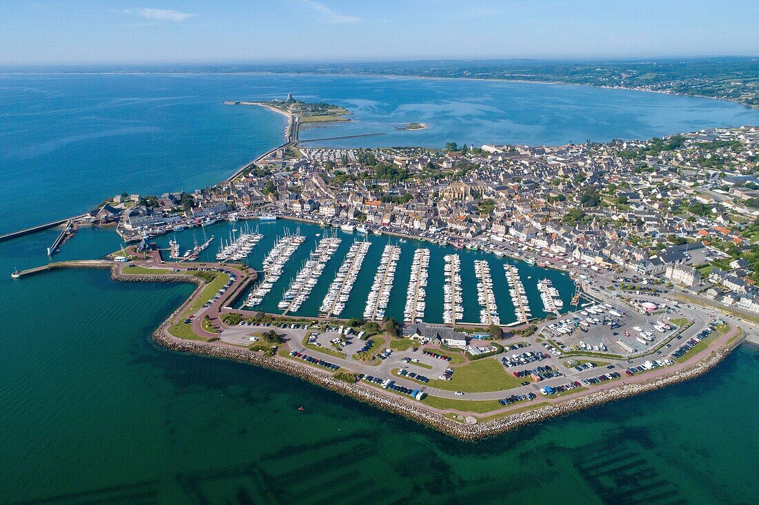 France,Manche,Cotentin,Saint Vaast la Hougue,the town and the port (aerial view)