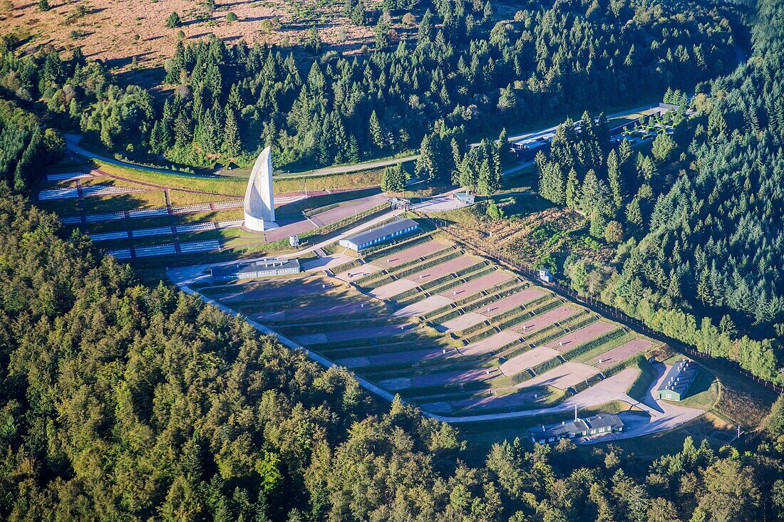 France,Bas Rhin,Natzwiller,Le Struthof former Nazi Concentration Camp,only Nazi run camp on French territory in World War Two,camp memorial monument (aerial view)