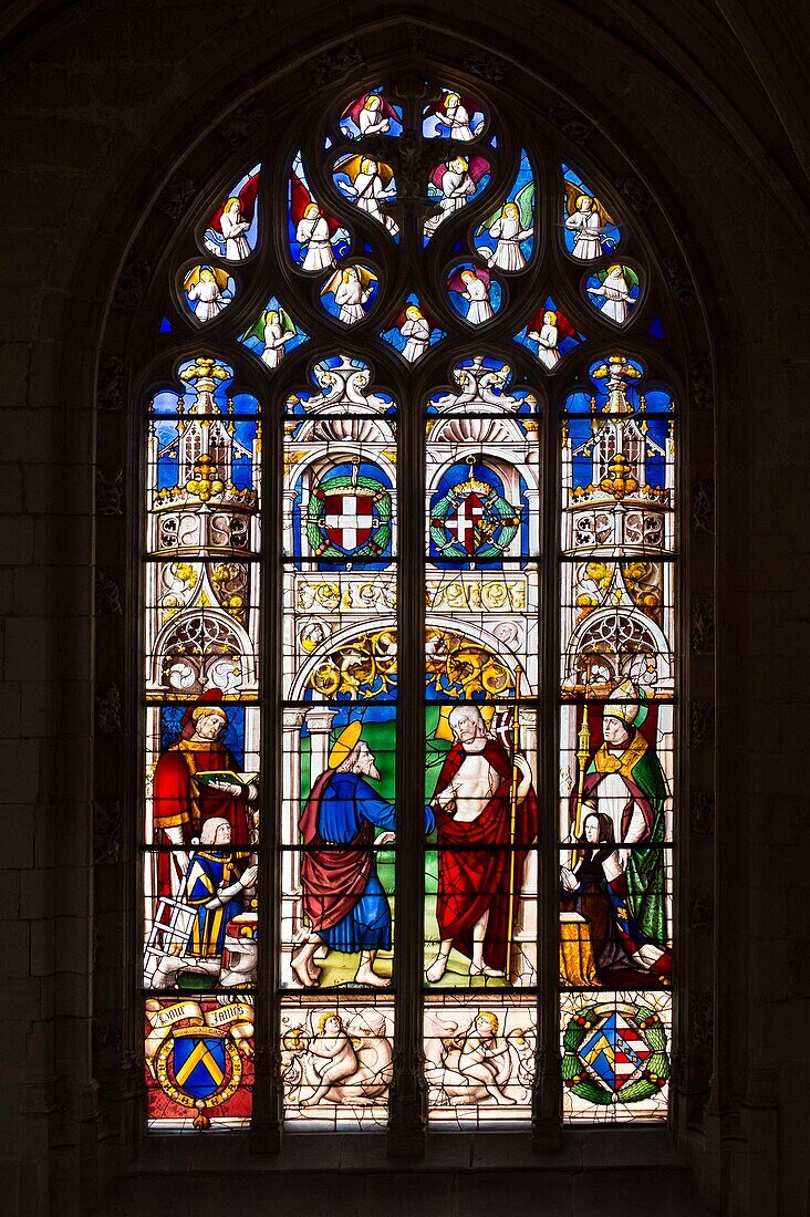 France,Ain,Bourg en Bresse,Royal Monastery of Brou restored in 2018,Church of St. Nicholas of Tolentino,masterpiece of Flamboyant Gothic,one of the stained glass windows of the great windows of the choir