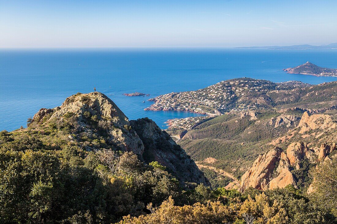 France,Var,Saint Raphael,Esterel massif,seen since the Cape Roux on the coast of the Corniche of Esterel,the cove of Antheor,the bay of Agay and the Cap du Dramont