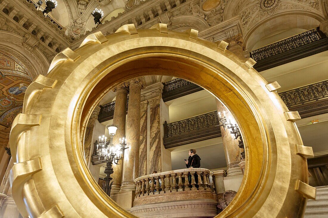 France,Paris,Garnier opera house (1878) under the architect Charles Garnier in eclectic style,sculpture on the Grand staircase