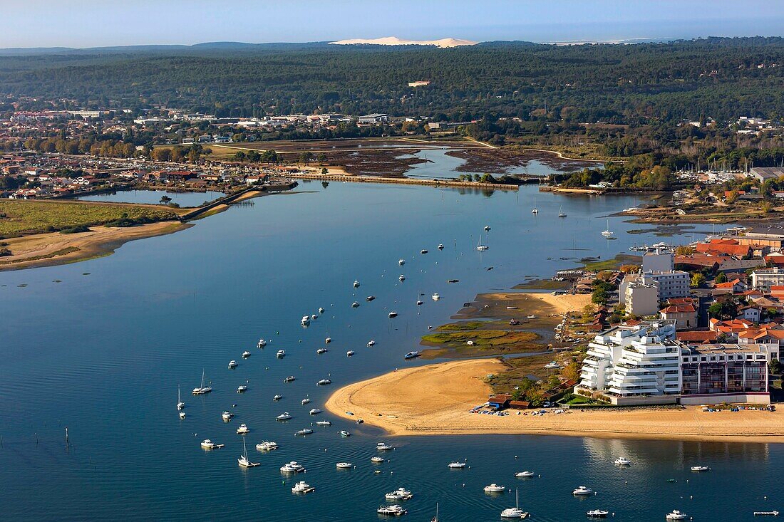 France,Gironde,Bassin d'Arcachon,Arcachon,Aiguillon beach with Teste de Buch,salt meadows and Dune du Pilat (aerial view)