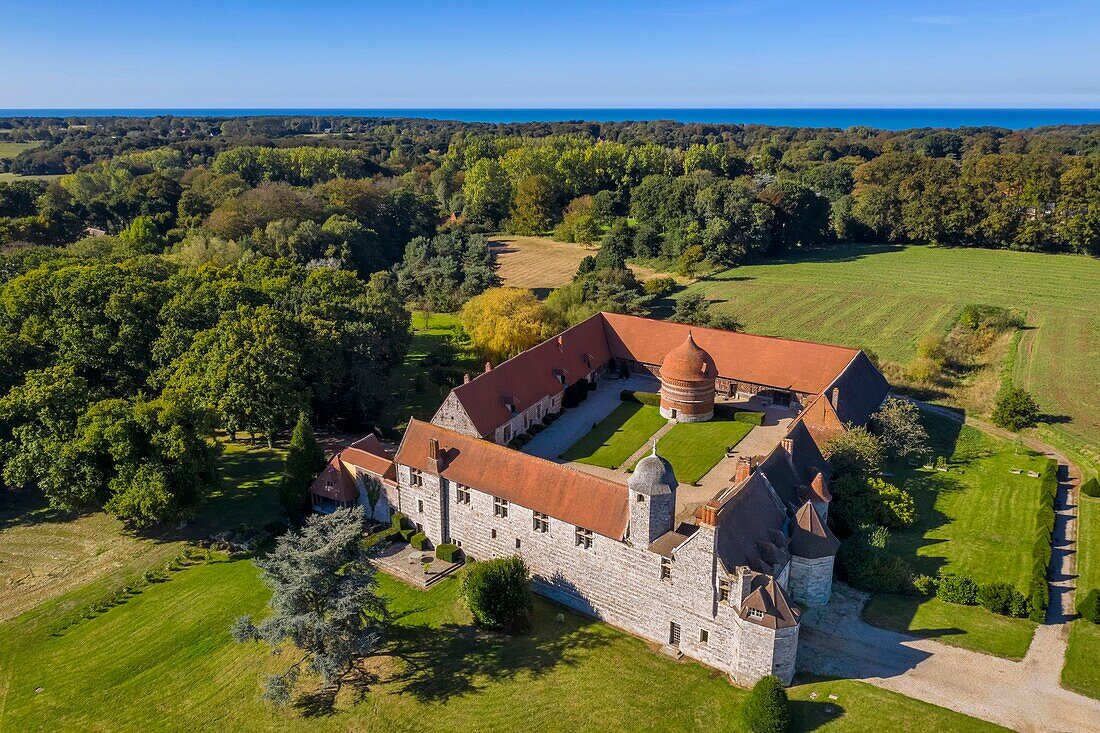 France,Seine Maritime,Cote d'Albatre (Alabaster Coast),Pays de Caux,Varengeville sur Mer,the Manoir d'Ango (Ango Manor) and its dovecote (aerial view)