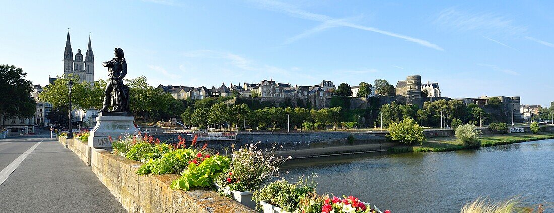 France,Maine et Loire,Angers,Beaurepaire statue on Verdun bridge over the Maine river and Saint Maurice cathedral