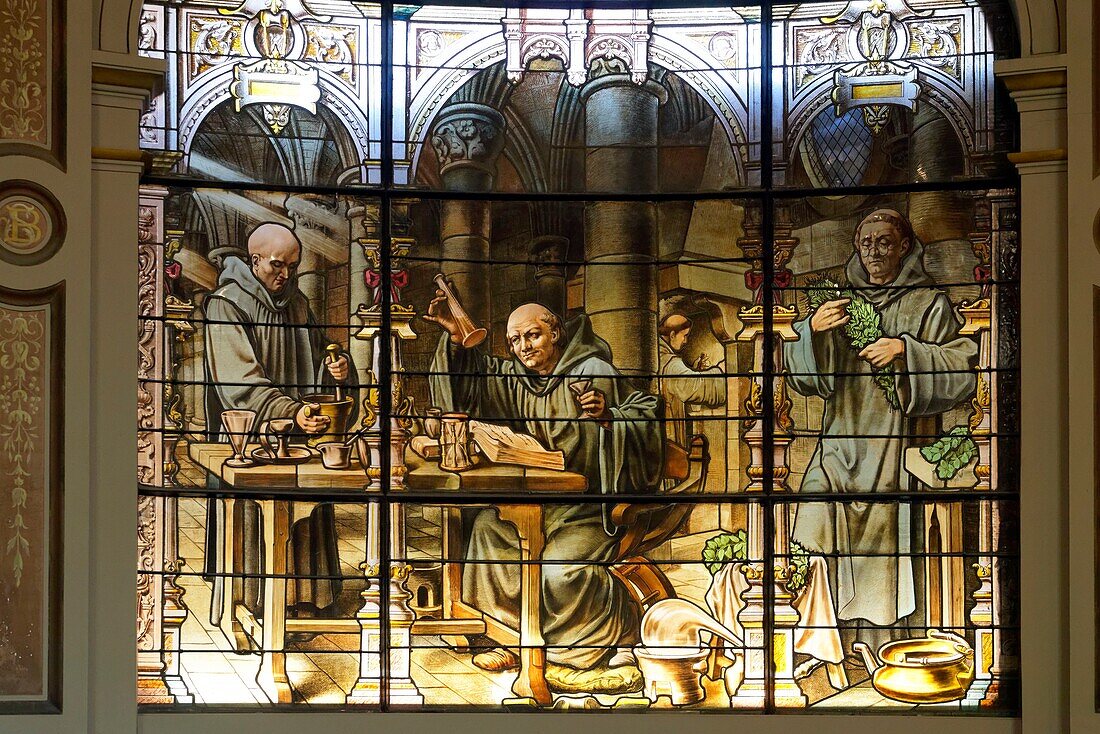 France,Seine Maritime,Pays de Caux,Alabaster Coast,Fecamp,the Gothic Revival and Neo-Renaissance Benedictine Palace,built in the late 19th century,is both the place of production of Benedictine liqueur and Museum,stained glass window depicting Don Bernardo Vincelli inventor of the Benedictine