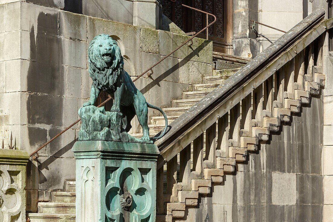France,Meurthe et Moselle,Nancy,old town,sculpture of a lion on the stairs of Saint Epvre basilica in rue Pierre Gringoire (Pierre Gringoire street)