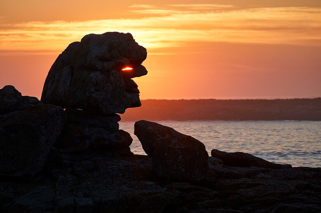 France,Finistere,Iroise Sea,Iles du Ponant,Parc Naturel Regional d'Armorique (Armorica Regional Natural Park),Ile de Sein,labelled Les Plus Beaux de France (The Most Beautiful Village of France),rock "le Sphinx" at sunset