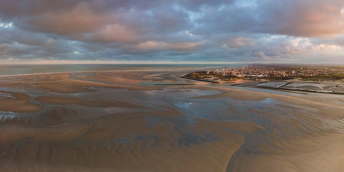 France,Pas de Calais,Berck sur Mer,Flight over the Bay of Authie and Berck sur Mer at dawn at low tide (aerial view)