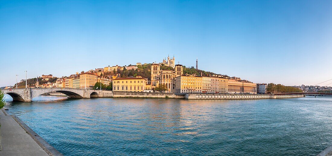 France,Rhone,Lyon,historic district listed as a UNESCO World Heritage site,Old Lyon,the banks of the Saone river,Bonaparte bridge Saint-Jean Cathedral and Notre-Dame de Fourviere basilica in the background