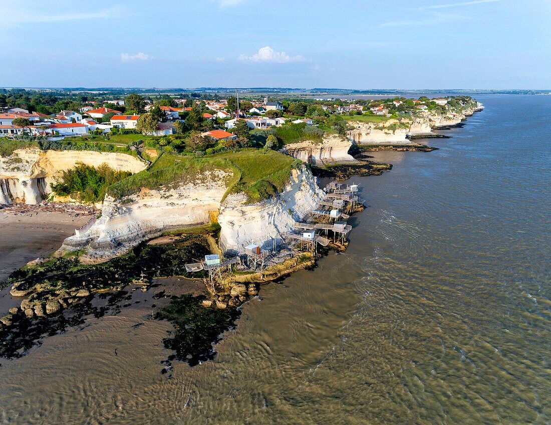 France,Charente-Maritime,Saintonge,Cote de Beaute,Gironde estuary,Meschers-sur-Gironde,cliffs and troglodyte dwellings (aerial view) (aerial view)