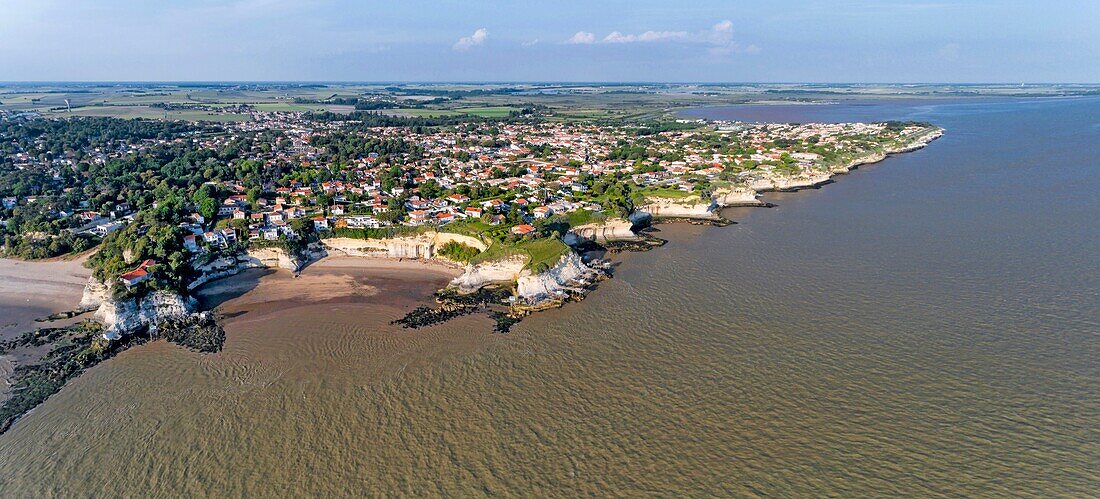 France,Charente-Maritime,Saintonge,Cote de Beaute,Gironde estuary,Meschers-sur-Gironde,cliffs and troglodyte dwellings (aerial view) (aerial view)