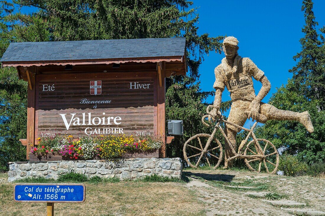 France,Savoie,massif des Cerces,Valloire,cycling ascension of the Col du Galibier,one of the routes of the largest cycle area in the world,passage to the Telegraph Pass and its straw sculpture in tribute to the Tour de France