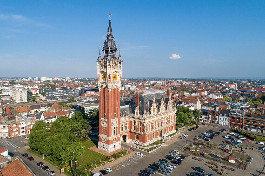 France,Pas-de-Calais,Calais,city hall of Calais topped by it's Belfry listed as World Heritage by UNESCO (aerial view)