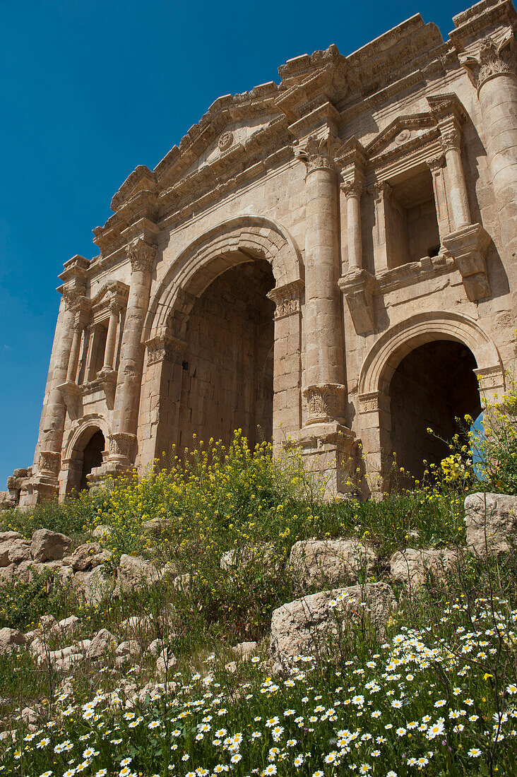 A view of structure known as Hadrians Arch in ancient Roman and Crusader city of Jerash near Amman,Jordan