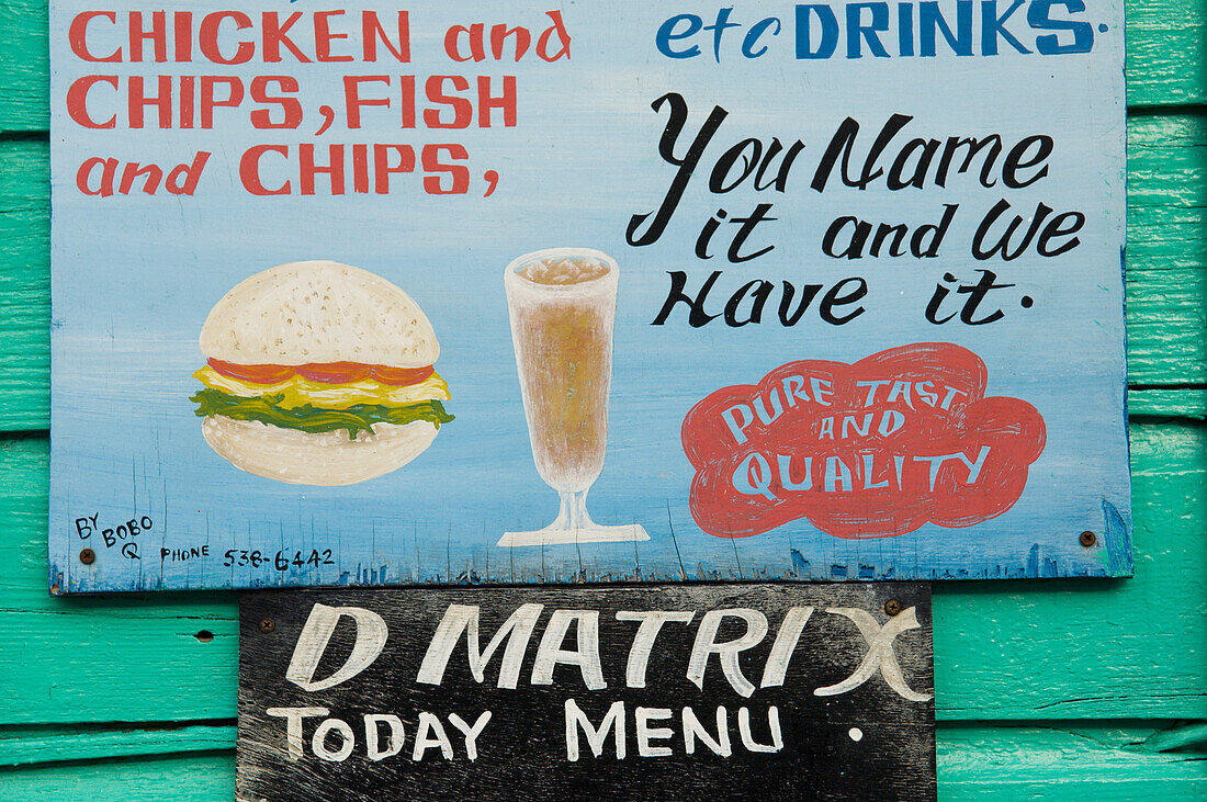 Caribbean,Grenada,Grenadines,Carriacou Island,Hand painted bar and restaurant signs,Hillsborough